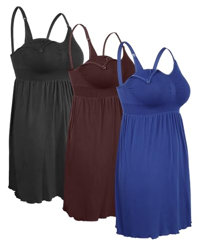 iloveSIA 3PACK Maternity Nursing Dresses Breastfeeding Dress Nightgown Tops for Labor/Delivery/Hospital Black+Coffee+Blue Size XL