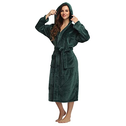 RONGTAI Womens Robes Plush Fleece Emerald Green Hooded Bathrobe Thick Nightgown with Pockets Fluffy Sleepwear Large