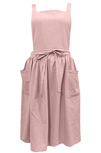 losofar Women Girls Vintage Apron Adjustable Gardening Works Cross Back Cotton/Linen Blend Aprons Pinafore Dress with Two Pockets (pink, one size)