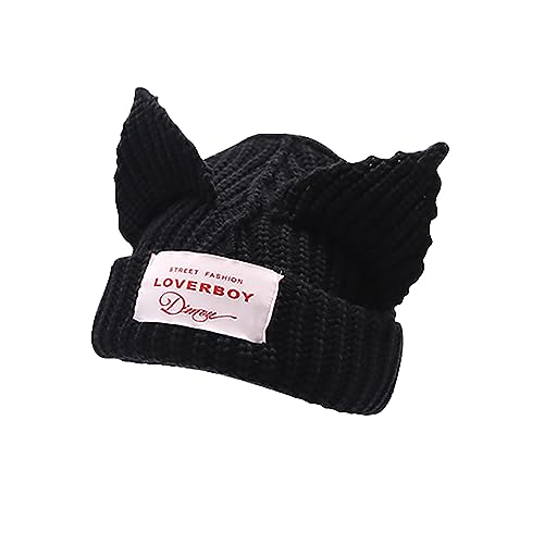 Cat Ear Hat Cute Beanie Hat Knit Wool Cap Warm Slouchy Crochet Hat (Black)
