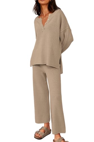 LILLUSORY 2 Piece Outfits For Women Two Sweater Lounge Sets 2023 Fall Matching Sweatsuits Cozy Knit Loungewear Clothes Khaki