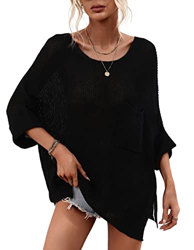chouyatou Women's Spring Oversized Short Sleeve Crochet Sweater Top Beach Summer T-Shirt (Large, Black)