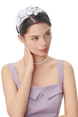 BABEYOND Bridal Wedding Veil Fascinator Mesh Lace Headband Tea Party Flower Fascinator Funeral Hats for Women White