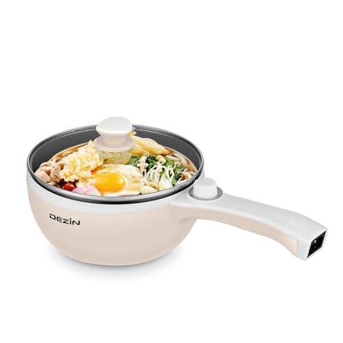 Dezin Hot Pot Electric Upgraded, Non-Stick Sauté Pan, Rapid Noodles Electric Pot, 1.5L Mini Portable Hot Pot for Steak, Egg, Fried Rice, Ramen, Oatmeal, Soup with Power Adjustment(Egg Rack Included)