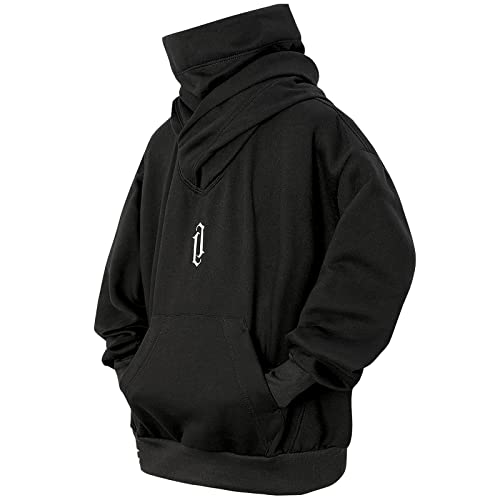 Eocicvvi Fleece Hoodies for Men Cowl Neck Sweatshirts Casual Pullover Fall Winter Loose Fit Tops with Embroidery Black