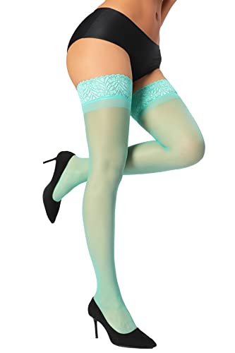 HONENNA Sheer Thigh High Stockings, 17+ Colors Stay Up Lace Top with Anti-Slip Silicone for Women, 1 Pair (Light Green, A-B)