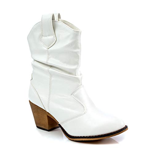 Charles Albert Modern Western Cowboy Boots for Women Ladies Stacked Heel Ankle Cowgirl Boots with Pull-Up Tabs in White Size 7