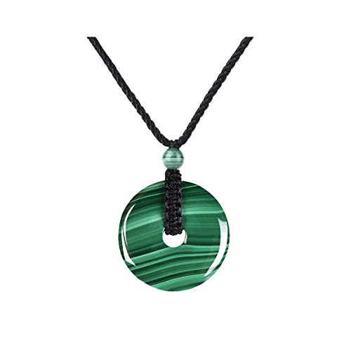 HASKARE Genuine Stone Pendant Gemstone Chakra Jewelry Healing Crystal Necklace Adjustable 0'-27' (Malachite Round)