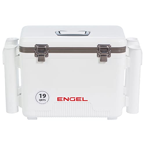 Engel UC19 19qt Leak-Proof, Air Tight, Fishing Drybox Cooler with Built-in Fishing Rod Holders, Also Makes The Perfect Small Hard Shell Lunchbox for Men and Women in White