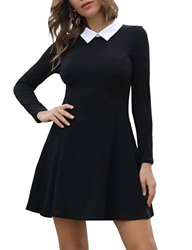 Aphratti Women's Long Sleeve Casual Peter Pan Collar Fit and Flare Skater Dress Black Medium
