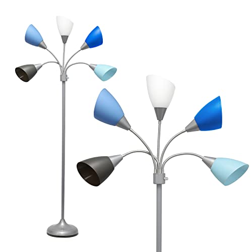 Simple Designs LF2006-SBG 67' Contemporary Multi Head Medusa 5 Light Adjustable Gooseneck Silver Floor Lamp with Blue, White, Gray Shades for Kids Bedroom Playroom Living Room Office