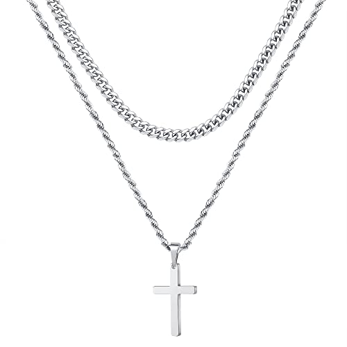 Yooblue Cross Necklace for Men, Silver Layered Rope Chain Cross Pendant Simple Necklace Jewelry Dainty Cross Chain Necklace for Women 18 20 Inch Gifts Chains
