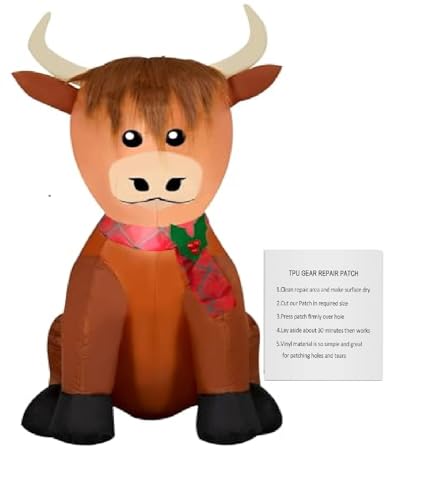 Christmas Inflatable Scottish Highlander Cow in Santa Hat 3.5 Foot Indoor Outdoor Blow up - Includes Bonus Repair Patches