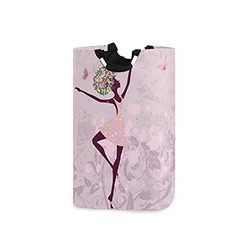 SUABO Ballerina Laundry Basket Pink Flowers Butterfly Laundry Hamper Portable Foldable Bathroom Clothes Organizer Storage Bag with Handles
