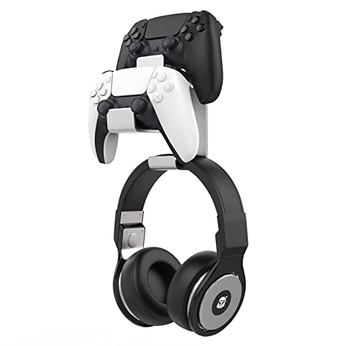 MoKo Controller Holder Dual Gamepad Controller & Headphone Hanger Compatible with Xbox One, Xbox 360, PS3, PS4, PS5, PC, STEAM, Switch丨Wall Mount Stand for All Universal Headsets, Silver