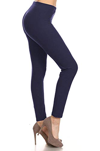 Leggings Depot Womens 1' Waistband High Waisted Solid Leggings Pants (Full Length, Navy, One Size Plus)