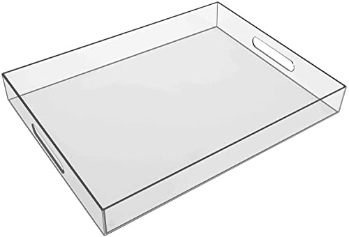 Sooyee Acrylic 16' x 12' Plastic Tray for Coffee Table,Kitchen,Bathroom,Food,Vanity Countertop,Large Ottoman Decorative, Serving Tray with Handles,Clear