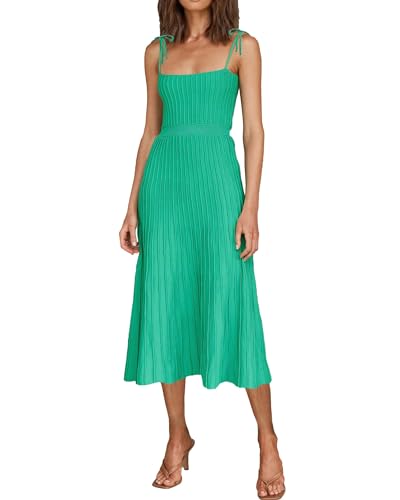 ARTFREE Womens Ribbed Knit Summer Maxi Dresses Tie Straps Square Neck Party Long Dress Green M