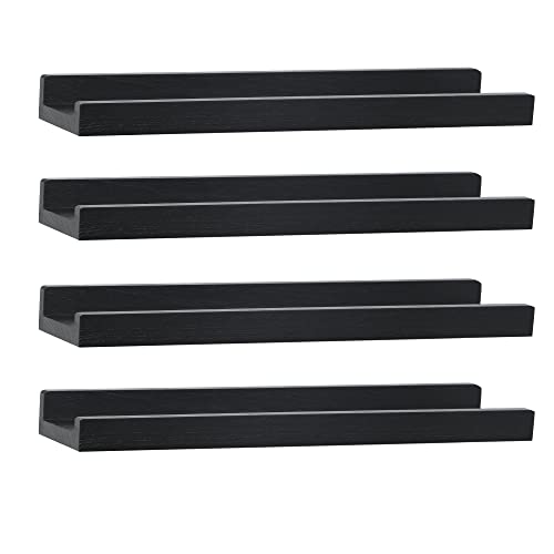 Picture Shelf with Ledge,Photo Ledge Shelves Set of 4,Rustic Wood Storage Display Shelves Wall Mounted for Living Room Bedroom Kitchen Kids Nursery Photo Frames Book,Home Decor （Black,17 Inch)