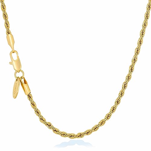 LIFETIME JEWELRY 2mm Gold Rope Chain for Men & Women 24k Real Gold Plated Diamond Cut Gold Necklace for Women & Necklace for Men 14 to 36 Inch | Gold | White Gold (22 inches, Gold)