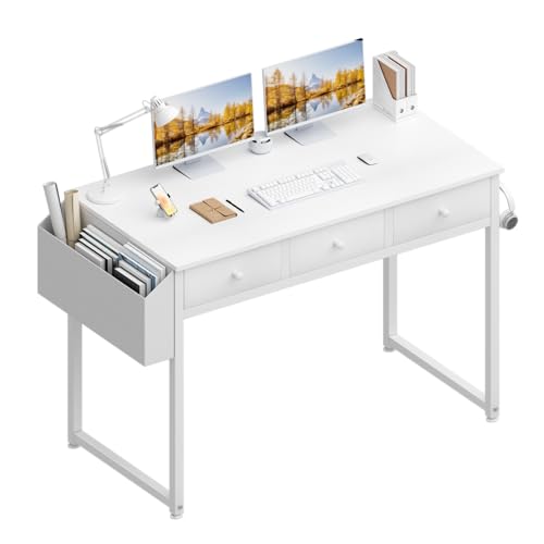 Lufeiya Small White Computer Desk with Fabric Drawers for Home Office Bedroom, 40 Inch Vanity Desk with Drawer Storage and Side Pouch, Study Writing Table, White
