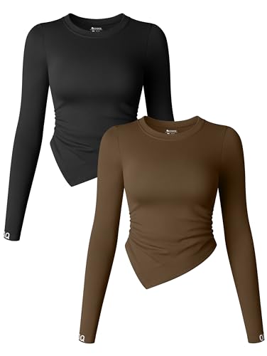 OQQ Women's 2 Piece Long Sleeve Crew Neck Ruched Stretch Fitted Underscrubs Layer Tee Shirts Tops Black Coffee