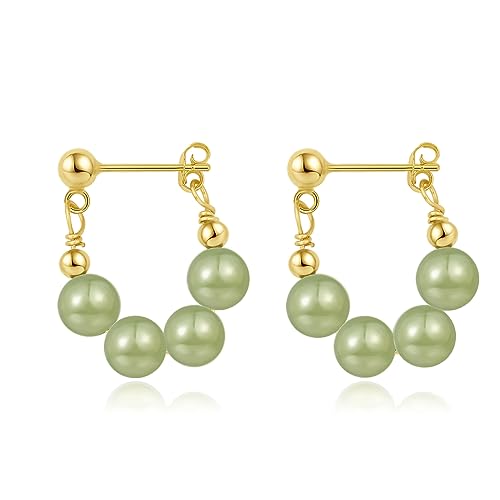 LOOYUUPEE Natural Hetian Jade Earrings, Lucky Green Jade, Dainty Green Real Jade Charm Pendant Jewelry Studs, Handmade Ear Stud Earrings Hoop Earrings for Women (925 Sterling Silver with Gold Plated)