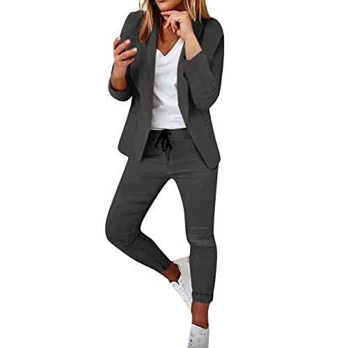 Women's Two Piece Outfit Set Office Business Blazer and Pencil Pants Suits Lapel V Neck Jacket Suit Drawstring Trousers Dark Gray