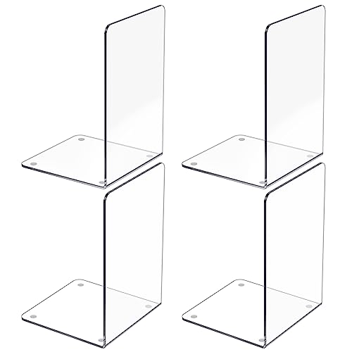 Acrylic Bookends 4 Pcs, Clear Book Ends for Shelves, Transparent Bookend Organizer, Book Holder Stand Decorative, Book Stoppers for Heavy Duty Books, CD, File, Video Games