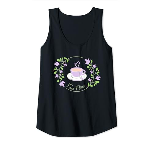 Womens Tea Time Cute Teacup Green Spring Garden Flower Matcha Bloom Tank Top