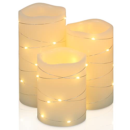 H-BLOSSOM Flickering Flameless Candles Ivory Real Wax Pillar with Embedded String Lights LED Candles Battery Operated with Cycling 5H Timer Set of 3 (3' x 4'/5'/6') (Ivory)