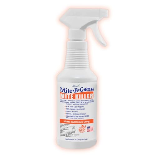 Mite Killer Spray by Mite-B-Gone — Kills Human Mites, Bird, Dust, Spider, Rat, Turkey, Carpet Mites. Treatment for Homes, Furniture, Bedding, Auto & Animals | Non-Toxic | Kid & Pet Safe | 16oz Spray