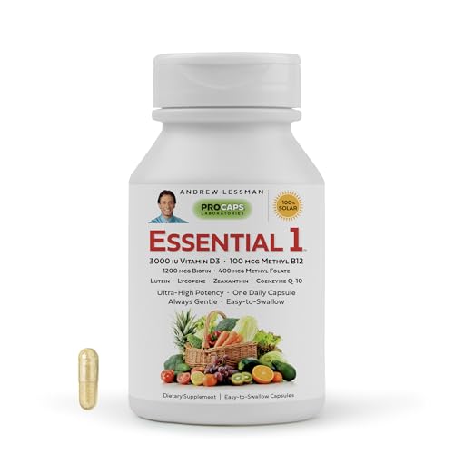 ANDREW LESSMAN Essential-1 Multivitamin 3000 IU Vitamin D3 360 Small Capsules – 100 mcg Methyl B12. CoQ10 Lutein Lycopene Zeaxanthin. High Potency. No Additives. Gentle Ultra-Mild. One Daily Capsule