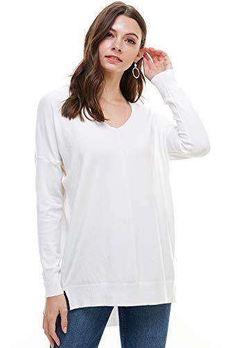 A+D Women's Oversized Extra Soft V-Neck Pullover Sweater Long Sleeved Sweater Top with Hi-Low (Medium/Large, White)
