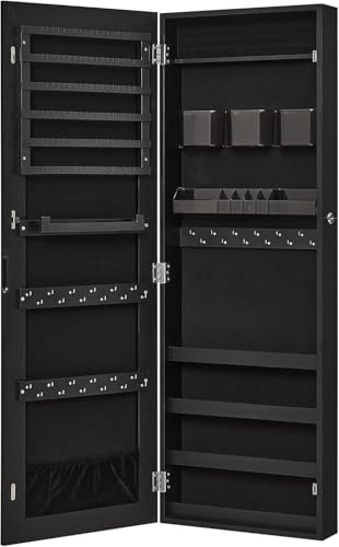 SONGMICS Mirror Jewelry Cabinet Armoire, Wall or Door Mounted Jewelry Storage, Hanging Lockable Frameless with 2 Plastic Cosmetic Organizers, Gift Idea, Black UJJC001B01