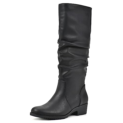 CLIFFS BY WHITE MOUNTAIN Women's Shoes Duration Block Heeled Tall Boot, Black/Burn/Smooth, 9 M