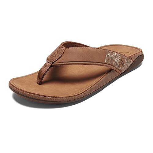 OLUKAI Tuahine Men's Beach Sandals, Quick Dry Flip-Flop Slides, Waterproof Full-Grain Leather & Wet Grip Soles, Soft Comfort Fit & Arch Support, Toffee/Toffee, 10