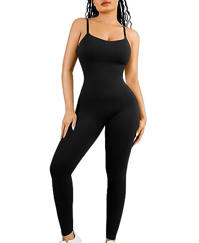 FeelinGirl Women's One Piece Jumpsuit with Built in Bra Ribbed Spaghetti Strap Seamless Workout Yoga Rompers