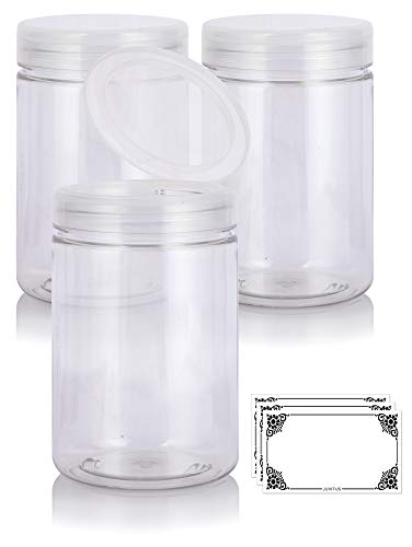 JUVITUS Clear Large 25 oz PET Plastic (BPA Free) Refillable Jar with Clear Natural Flip Top Cap - (3 pack) + Labels
