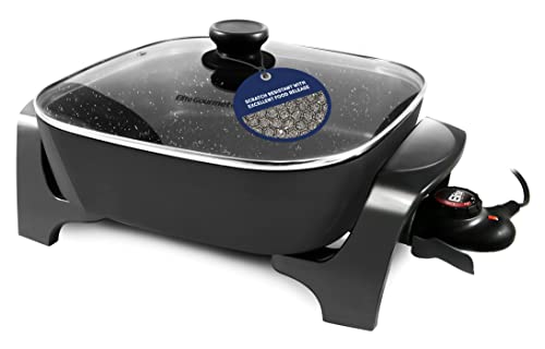 Elite Gourmet EG6201 Extra Deep 12'x12'x3.2' (7.5Qt.) Scratch Resistant Dishwasher Safe, Non-stick Electric Skillet with Glass Vented Lid, Adjustable Temperature, Black