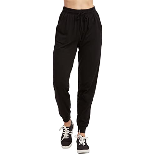 Sofra Women's Jersey Cotton Jogger Pants with Side Pockets for Yoga Running Workout Black