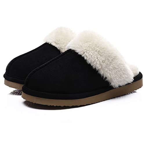 Litfun Women's Fuzzy Memory Foam Slippers Fluffy Winter House Shoes Indoor and Outdoor, Black 9-10