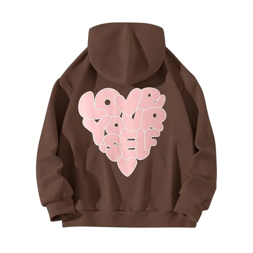 BLUBUKLKUN todays daily deals Hoodies for Women Love Your Self Printed Oversized Y2K Sweatshirt Long Sleeve Hoodie Tunic Drop Shoulder (Coffee, XXXL)