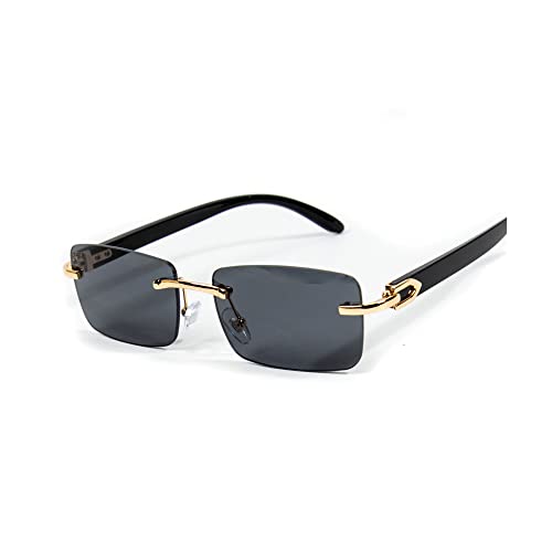 Street Knitted Mens Gold Frame Black Tint Rimless Square Trendy Cool Woodgrain Vintage 90's Old School Dark Tint Shades Retro Rectangular Men Hip Hop Sunglasses