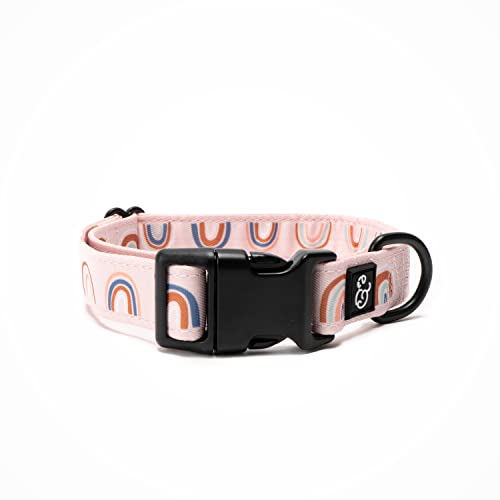 Lucy & Co. in The Clouds Dog Collar - Durable Lightweight Designer Collar for Pets - Adjustable Metal Safety Buckle - Pink Rainbows - Medium