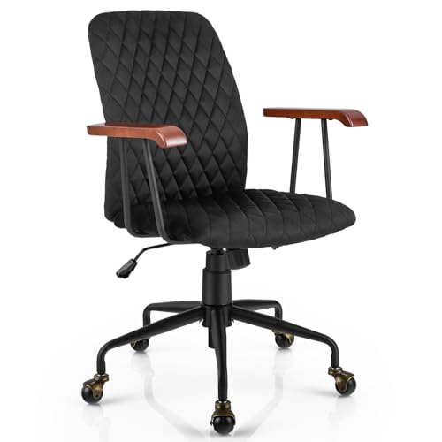 Giantex Home Office Desk Chair Black, Vintage Adjustable Swivel Rolling Chair with Copper Wheels & Armrest, Mid Century Leisure Chair, Velvet Upholstered Computer Chair for Work, Study