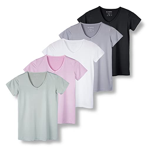 5 Pack: Womens V Neck T-Shirt Ladies Yoga Top Athletic Tees Active Wear Gym Workout Zumba Exercise Running Essentials Quick Dry Fit Dri Fit Moisture Wicking Basic Clothes - Set 9,XL