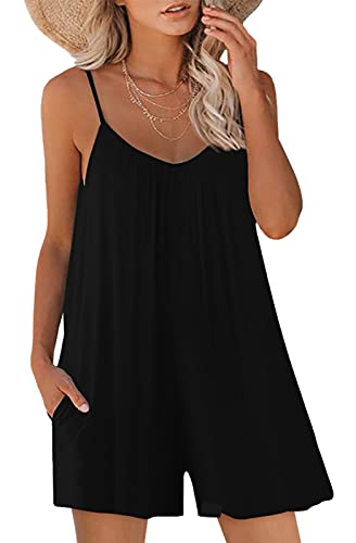 snugwind Womens Casual Sleeveless Strap Loose Adjustable Jumpsuits Stretchy Shorts Romper with Pockets Small Black