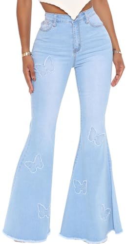 Bell Bottom Jeans for Women Classic High Waist Distressed Raw Hem Denim Flare Jeans