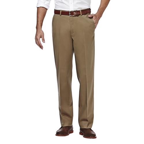 Haggar Men's Classic Fit Flat-Front Hidden Expandable Waistband Premium No Iron Khaki, 40W x 31L - Br Khaki